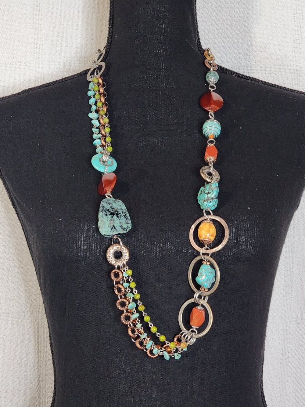 Chico's Multi Stone Multi Metal Circles 36" w/Extender Turquoise Copper Necklace